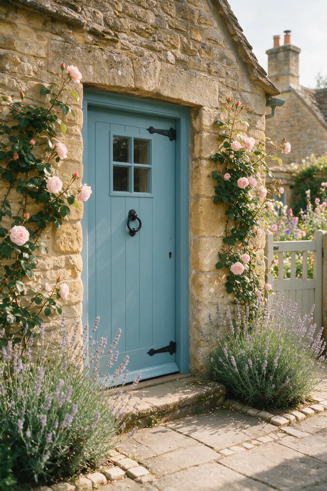 A painted timber cottage door in a Cotswold stone wall