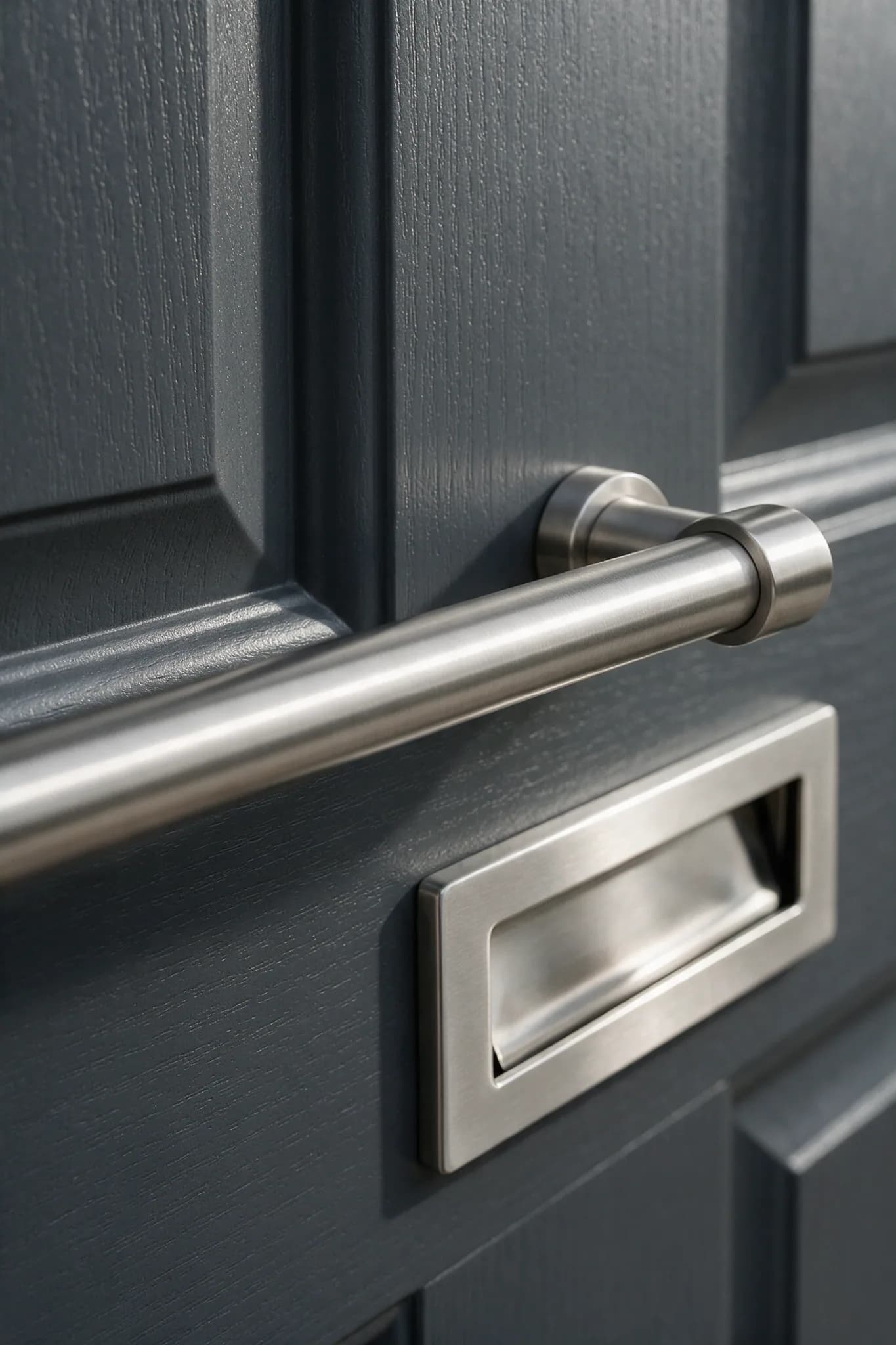 Close detail of a brushed stainless bar handle and letterplate on an anthracite composite door