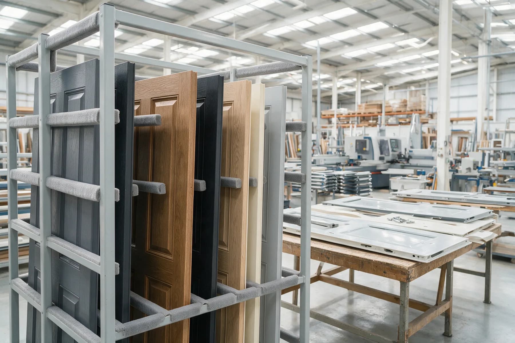 Finished composite door slabs racked inside a British manufacturing facility