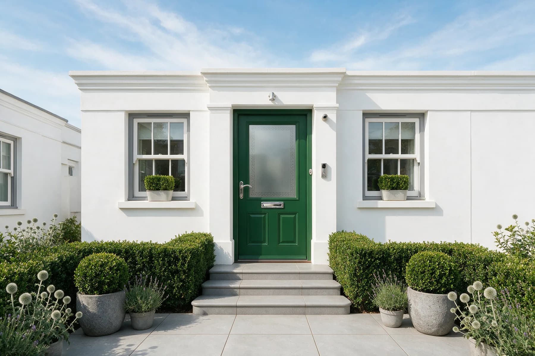 A green composite front door with an obscure glazed panel on a rendered British house